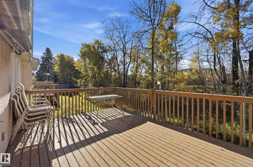 Elevated wooden deck featuring vertical balusters, metal mesh railing inserts, and mature trees - #19 10 Grange Dr, St. Albert, AB 