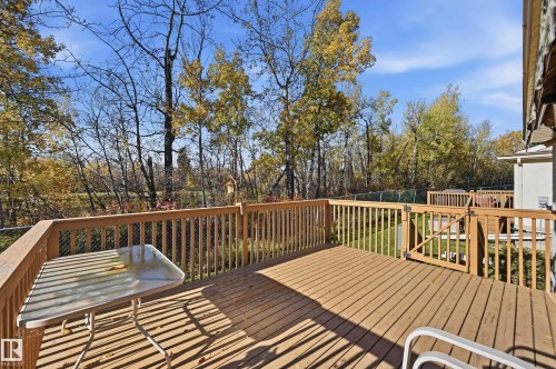 Elevated wood deck featuring vertical balusters, a hinged gate, and mature trees in the surrounding landscape - #19 10 Grange Dr, St. Albert, AB 