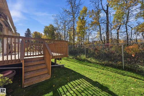 Backyard featuring a raised wooden deck with stairs, a chain-link fence, and a manicured lawn - #19 10 Grange Dr, St. Albert, AB 
