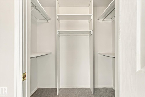 Built-in closet shelving, hanging rods, and gray carpet flooring - 771 Johns Road Nw, Edmonton, AB 