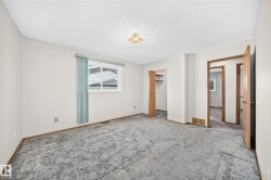 Carpeted flooring with painted walls, a built-in closet, and a window with blinds - 