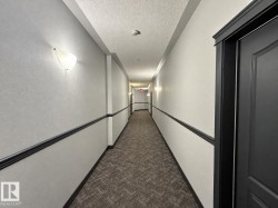Long hallway with patterned carpet flooring, wall sconce lighting, and contrasting dark trim - 