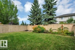 Expansive backyard featuring a manicured lawn, established perimeter fencing, and mature trees - 