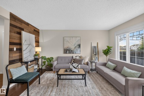 Living space featuring an accent wall with wood planking, dark wood-finish flooring, and a large multi-pane window with white trim - 7 Bremner, Fort Saskatchewan, AB 