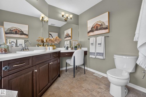 Dark wood cabinetry with extended vanity desk, integrated countertop basin, full-width wall mirror, and tri-light fixture - 7 Bremner, Fort Saskatchewan, AB 