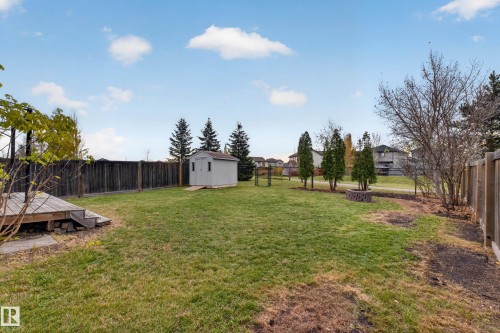 Fenced backyard featuring a wood deck, storage shed, grass lawn, and stone garden planter - 7 Bremner, Fort Saskatchewan, AB 
