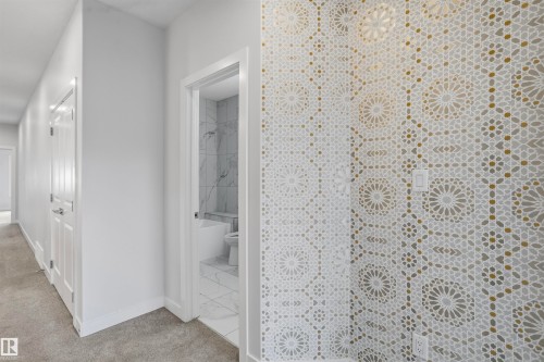 Intricate geometric-patterned accent wall, neutral carpeting, and interior doorway revealing stone-tiled finishes - 2045 209A St Nw, Edmonton, AB 