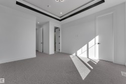 Recessed ceiling lighting, patterned carpeting, tray ceiling with contrasting accent trim, and solid interior doors with black hardware - 
