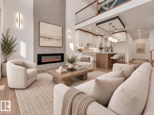 Soaring ceiling with a linear fireplace and accent wall - 3604 44 Avenue, Beaumont, AB 