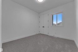 White walls, gray carpet, and a window with white trim - 