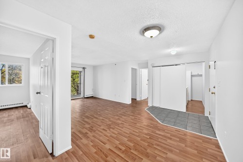 Wood-finish flooring throughout, bright white walls, sliding glass door to exterior, tile entry, and built-in closet with sliding doors - #212 11218 80 St Nw, Edmonton, AB 