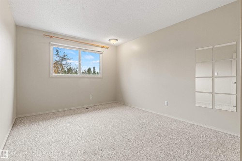 Neutral-toned interior room featuring wall-to-wall carpeting, a horizontal sliding window, a flush-mount ceiling light fixture, and a decorative mirrored wall panel - 55 Royal Road Nw, Edmonton, AB 