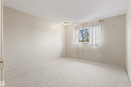 Neutral-toned room featuring neutral carpeting, a single-pane window with a metal rod, and a central ceiling-mounted light fixture - 55 Royal Road Nw, Edmonton, AB 