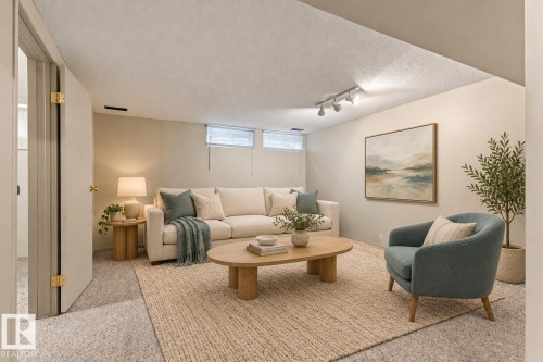 Neutral-toned room featuring light-colored wall-to-wall carpeting, textured ceiling, dual transom windows, and adjustable track lighting - 55 Royal Road Nw, Edmonton, AB 