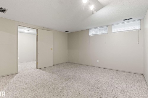 Neutral-toned interior space featuring textured wall-to-wall carpeting, high-positioned rectangular windows, and a flush-mounted multi-directional light fixture - 55 Royal Road Nw, Edmonton, AB 
