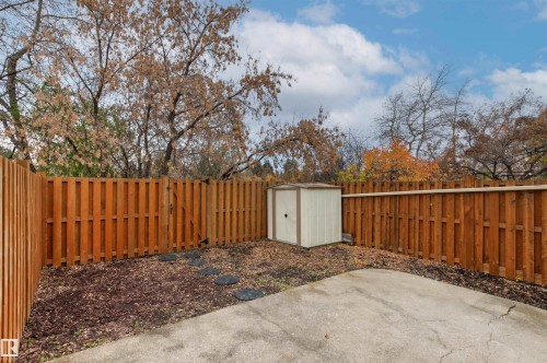 Rear yard featuring a wood privacy fence, concrete patio, detached metal storage shed, and stone paver accents - 55 Royal Road Nw, Edmonton, AB 