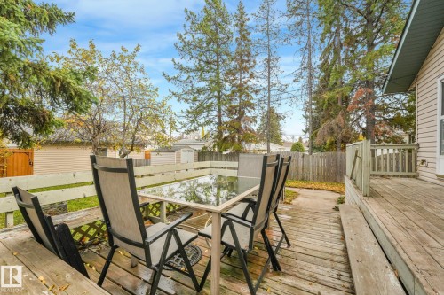 Elevated wood deck featuring a lattice railing, a concrete ground-level patio, and mature tree landscaping - 9617 151 Street Nw, Edmonton, AB 