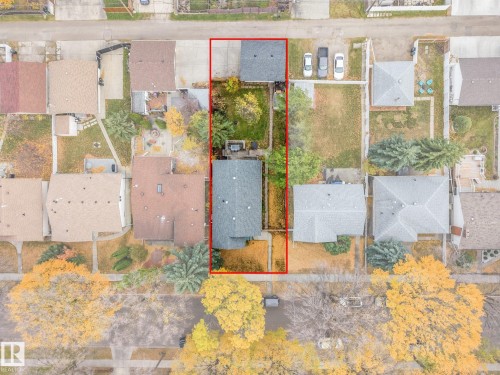 Aerial view of a rectangular lot featuring a detached garage, concrete driveway, and backyard landscaping - 9617 151 Street Nw, Edmonton, AB 