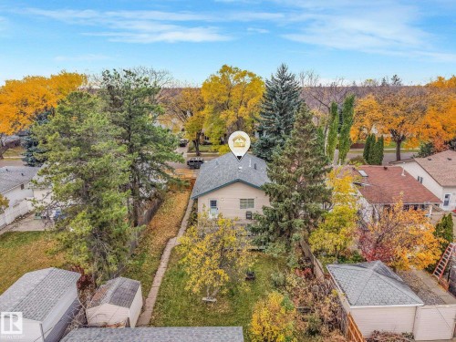 Aerial perspective of a detached property featuring a pitched shingle roof, mature evergreen and deciduous trees, and a ground-level backyard - 9617 151 Street Nw, Edmonton, AB 