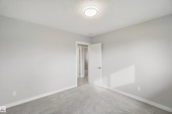 Neutral gray wall paint, gray carpeting, white trim, and a flush-mount ceiling light - 