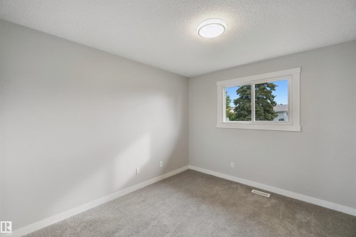 Neutral-toned walls, grey carpet, window with white trim, and a ceiling-mounted light fixture - 13212 73 Street Nw, Edmonton, AB 