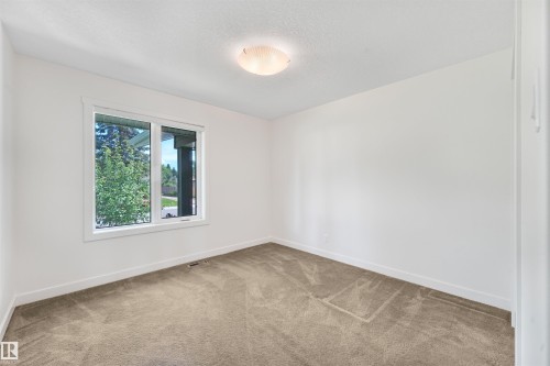 Neutral wall paint, plush carpet flooring, recessed window, and flush-mount ceiling light - 8212 148 Street Nw, Edmonton, AB 