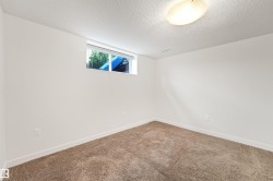 Carpeted flooring, white painted walls, and a single window with white trim - 