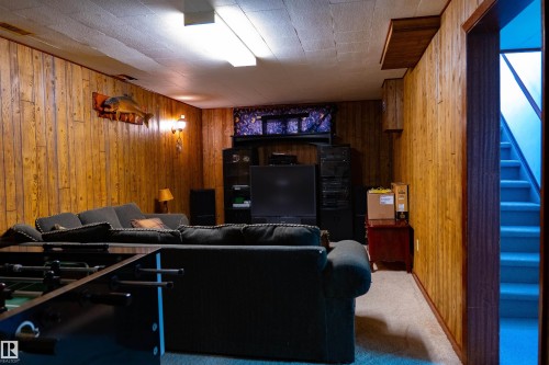 Recreation room featuring wood-finish wall paneling, carpeted flooring, and wall-mounted lighting - 11119 137 Avenue Nw, Edmonton, AB 