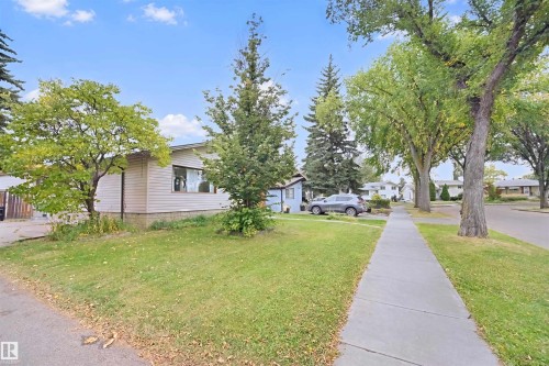 Siding exterior with mature trees, established lawn, and concrete sidewalk - 13420 117 Avenue Nw, Edmonton, AB 