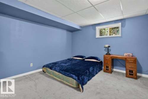 Carpeted flooring, drop ceiling, and a single window with white trim - #74 22555 Twp Road 530, Rural Strathcona County, AB 