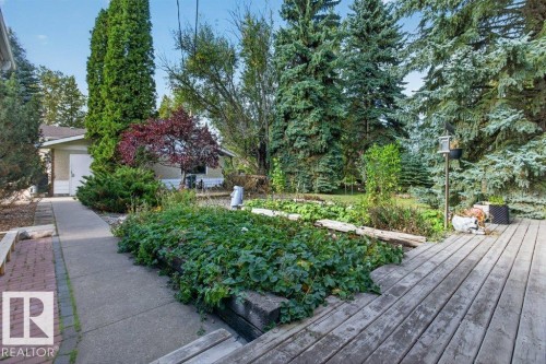 Outdoor wood deck with a concrete pathway and brick edging, complemented by mature trees and shrubs - #74 22555 Twp Road 530, Rural Strathcona County, AB 