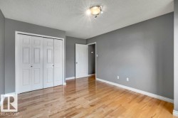 Wood-finish flooring, neutral gray wall tones, white trim, and a bi-fold closet - 