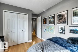 Wood-finish flooring with white trim, bi-fold closet doors, and light gray wall paint - 