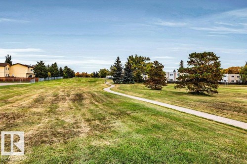 Expansive green space featuring a paved walking path, mature trees, and residential buildings in the background - #24 3811 85 St Nw, Edmonton, AB 