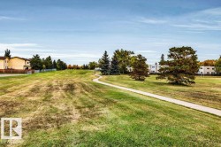 Expansive green space featuring a paved walking path, mature trees, and residential buildings in the background - 