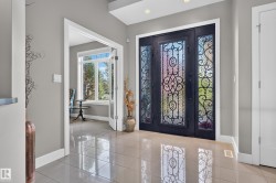Double entry doors with intricate wrought iron and textured glass details - 