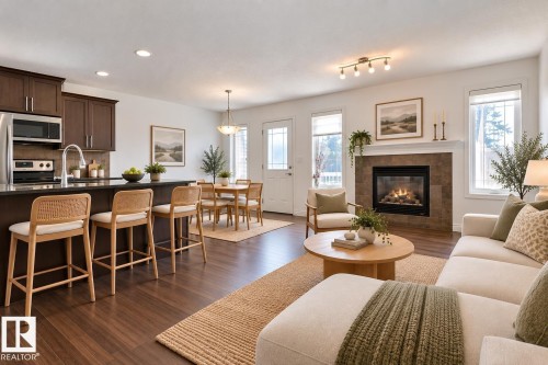 Open concept living area with wood-finish flooring, a kitchen island with seating, dark wood cabinetry, a built-in fireplace with a stone surround, and multiple windows - 5205 168 Avenue Nw, Edmonton, AB 