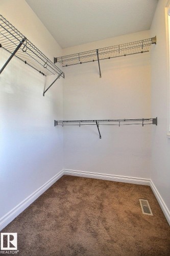 Built-in wire shelving, plush carpet flooring, white baseboards, and a white ceiling - 5205 168 Avenue Nw, Edmonton, AB 
