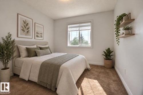 Window with blinds, wall-mounted shelving, and neutral tone carpeting - 5205 168 Avenue Nw, Edmonton, AB 