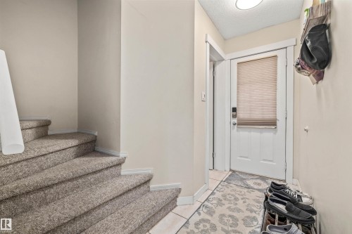 Carpeted staircase with white trim, leading to a hallway with tiled flooring and a white entry door - #63 501 Youville Dr E Nw, Edmonton, AB 