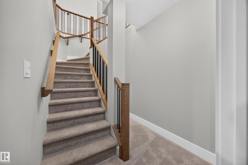 Curved staircase with wood-finish handrails, black metal balusters, and carpeted treads - 209 Hampshire, Sherwood Park, AB 
