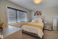 Neutral wall color, window with horizontal blinds, overhead ceiling light fixture, grey carpeted flooring - 