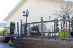 Multi-level deck with dark wood-finish railing, post-cap lighting, and a prominent decorative lamppost - 