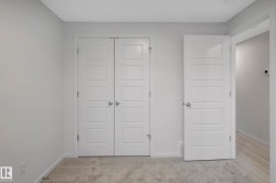 Neutral wall color, carpeted flooring, two panel doors with modern hardware, and a single hinged door - 