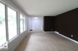 Light wood-finish flooring, multiple large windows with white trim, and a contrasting accent wall - 