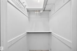 White-painted walls with upper and lower hanging rods, a single shelf, and ceiling-mounted lighting - 