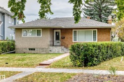 Brick and stucco exterior with a composite shingle roof, featuring a concrete walkway and mature shrubbery - 