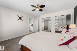 Recessed mirrored closet doors, a contemporary ceiling fan, and carpeted flooring - 