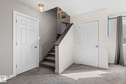 Carpeted staircase with dark wood-finish handrail, white panel doors, and neutral wall paint - 