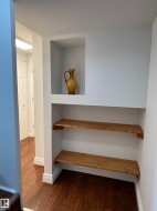 Built-in shelving unit with an upper display niche, two lower wood-finish shelves, and dark wood-finish flooring - 
